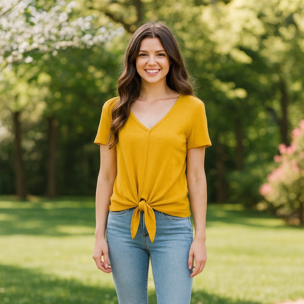 J.Crew Gold Yellow Textured Tie Front V Neck Shirt everyday basic Medium